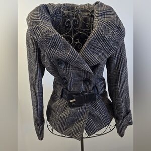 Elegant Black and Gray Plaid Pea Coat